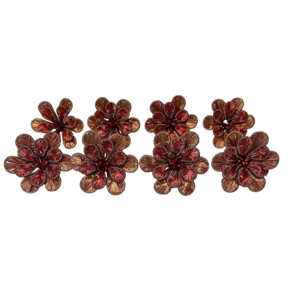 Pier 1 Wired Beaded Napkin Rings Flowers Gold and Red‎ Set of 8